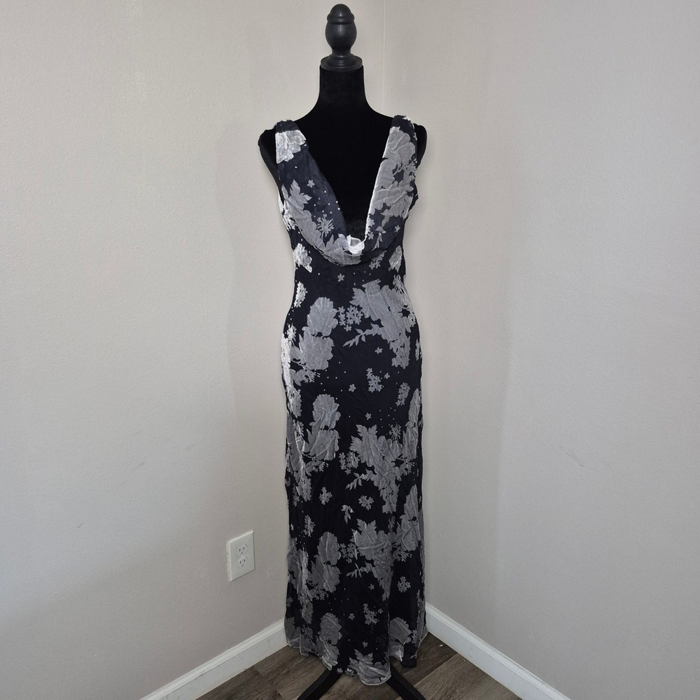 ZARA Floral Velvet Burnout Cowl Neck Open Back Maxi Dress Black Silver Small